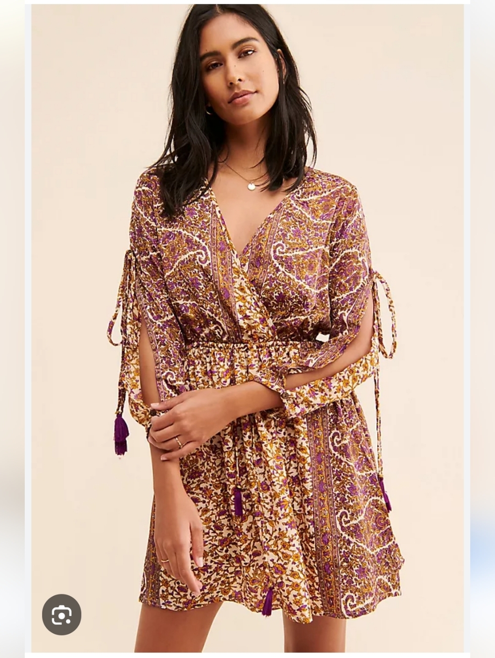 Raga Evanna Slit Sleeve Boho Floral V-Neck Long Sleeve Dress in Purple and Cream